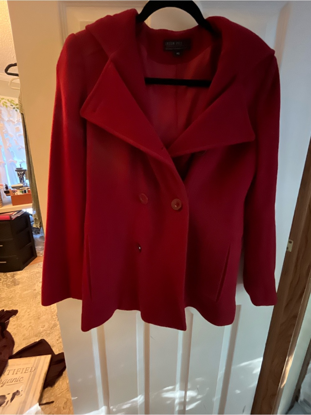 Red Hooded Women's Wool Peacoat Jacket